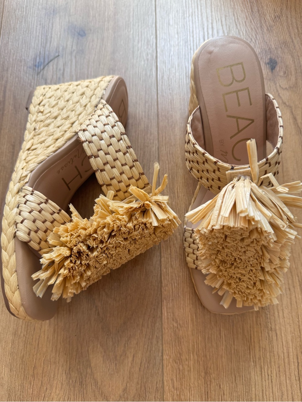 Raffia wedge mules chunky sandals tan